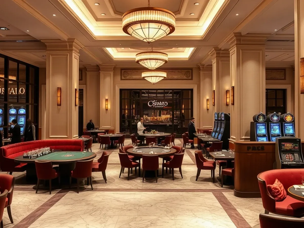Physical gaming tables and slot machines sit among pale oak, ribbed glass and warm pools of light.