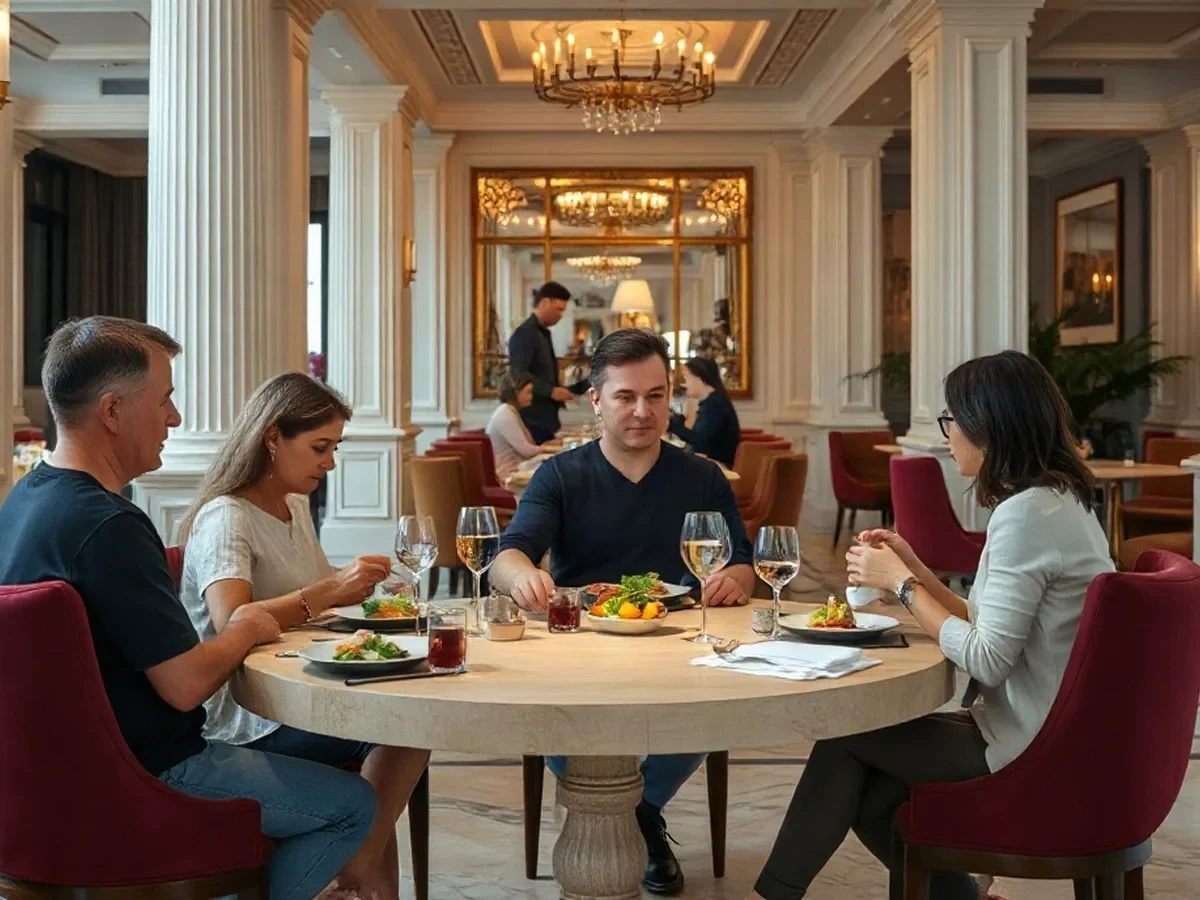 Adult guests share a meal at a pale oak table among wine-red chairs and warm light.