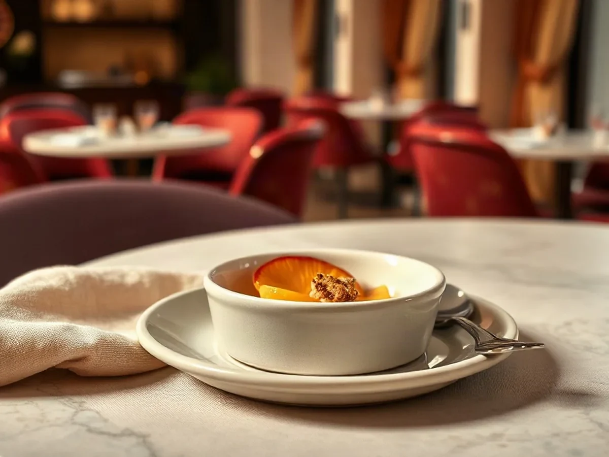 Smooth vanilla custard with warm fruit and toasted crumbs in soft, warm light.