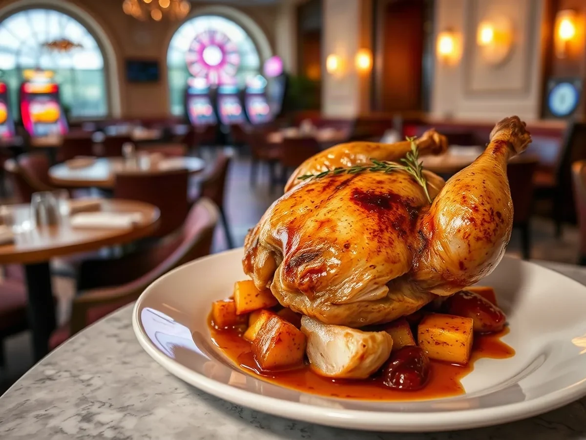 Golden roast chicken with thyme and seasonal vegetables on pale ceramic in warm light.