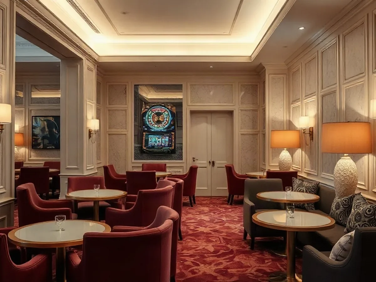 Wine-red lounge chairs and pale oak tables sit beside ribbed glass in soft warm light.