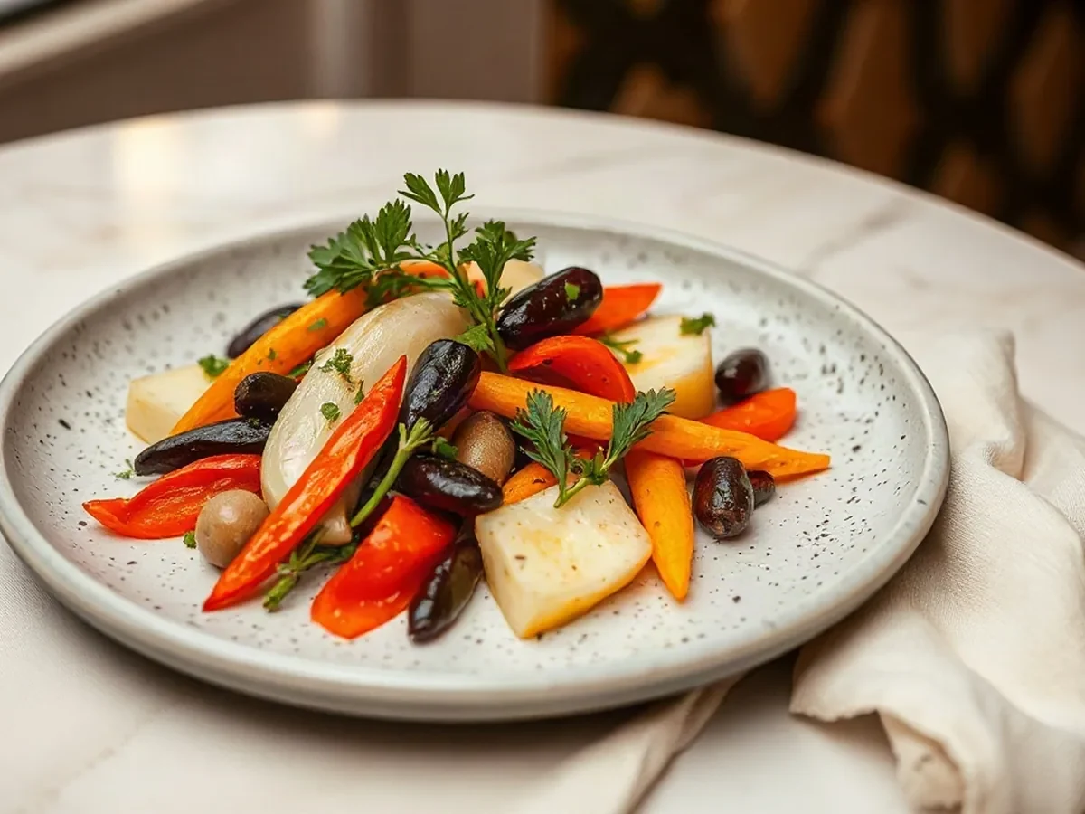 Crisp market vegetables and soft herbs on a pale stone plate in warm, gentle light.